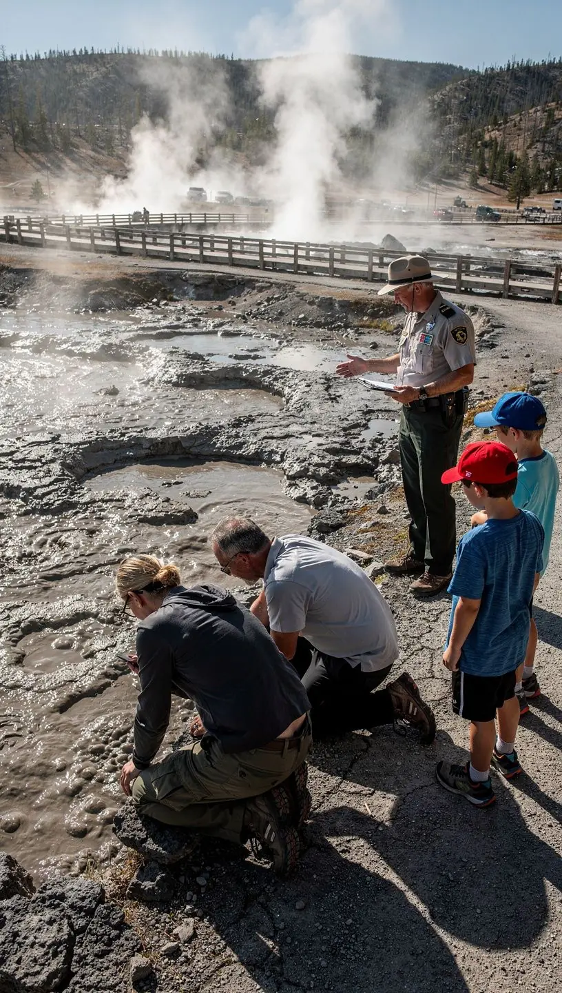 Рangers, проводящие экскурсии по заповеднику, показывающие туристам уникальные геотермальные образования.