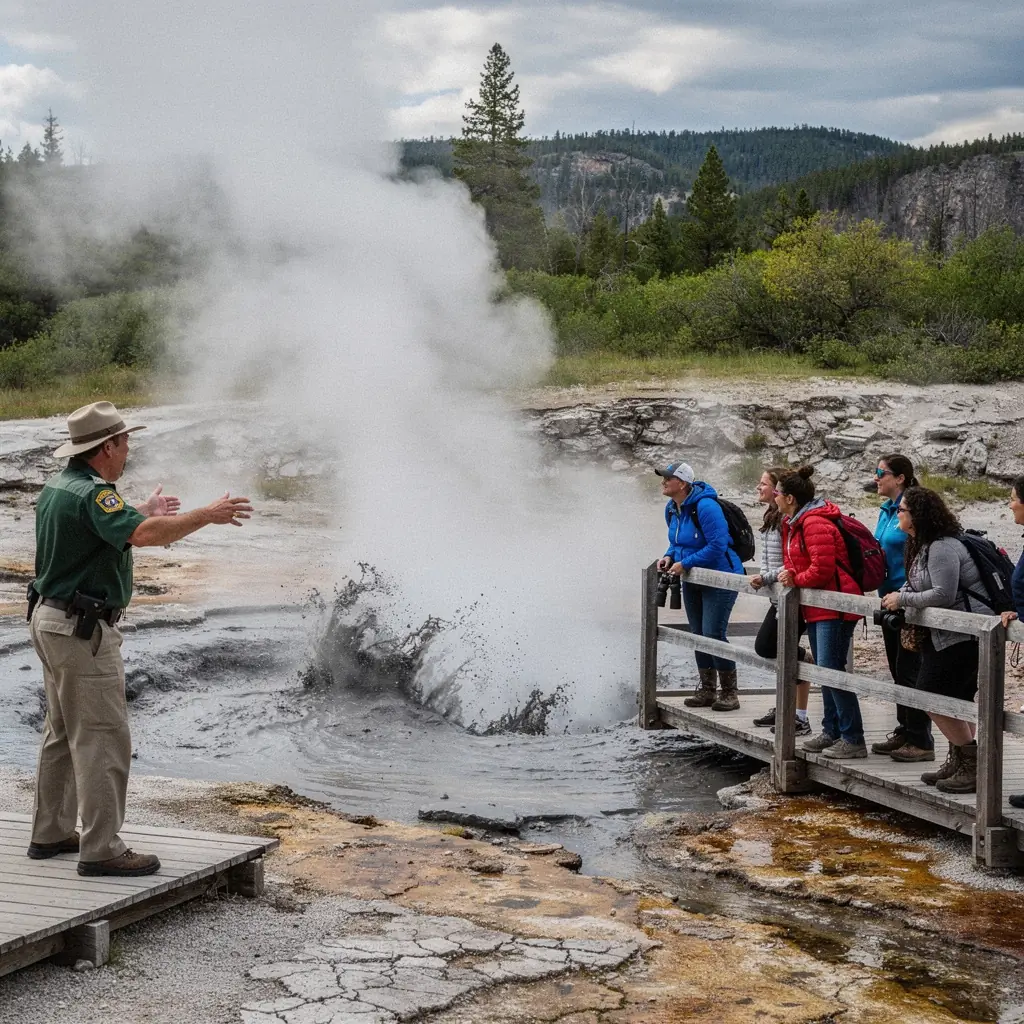 Работник парка объясняет посетителям уникальные геотермальные явления и экосистему региона.
