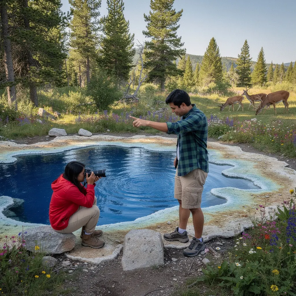 Горячие источники с яркими минералами и паром, окруженные дикой природой и животными, обитающими в парке.