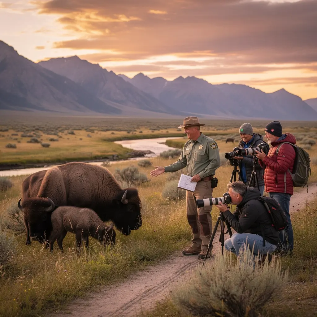 Туристы наслаждаются видами горячих источников, окруженных дикой природой и зелеными деревьями.