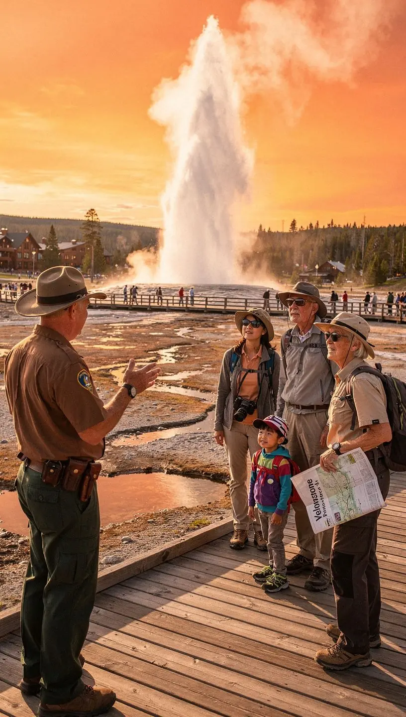 Вид на гейзер, извергающий горячую воду в воздух на фоне живописных гор и яркой растительности.