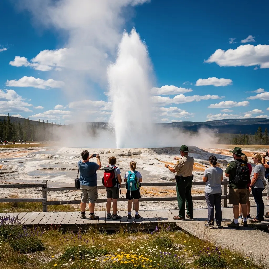 Гейзер, выбрасывающий горячую воду в воздух на фоне живописного пейзажа Йеллоустоунского национального парка.