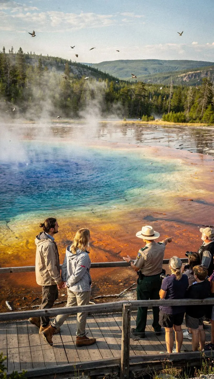Гейзер извергает горячую воду в яркое небо на фоне живописного пейзажа Йеллоустоунского национального парка.