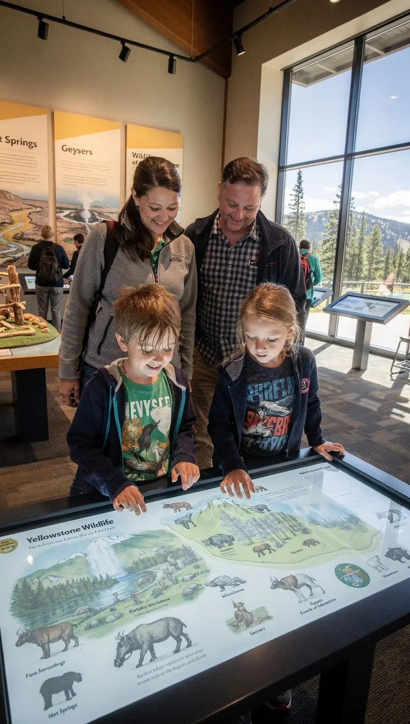 Гейзер, извергающий горячую воду на фоне живописного пейзажа Йеллоустоунского национального парка.