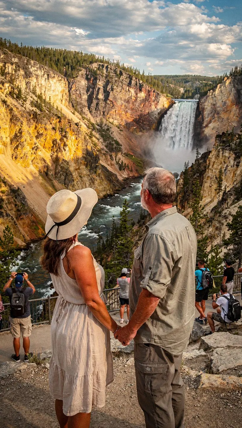 Гейзер, извергающий горячую воду на фоне живописного пейзажа Йеллоустоунского национального парка.